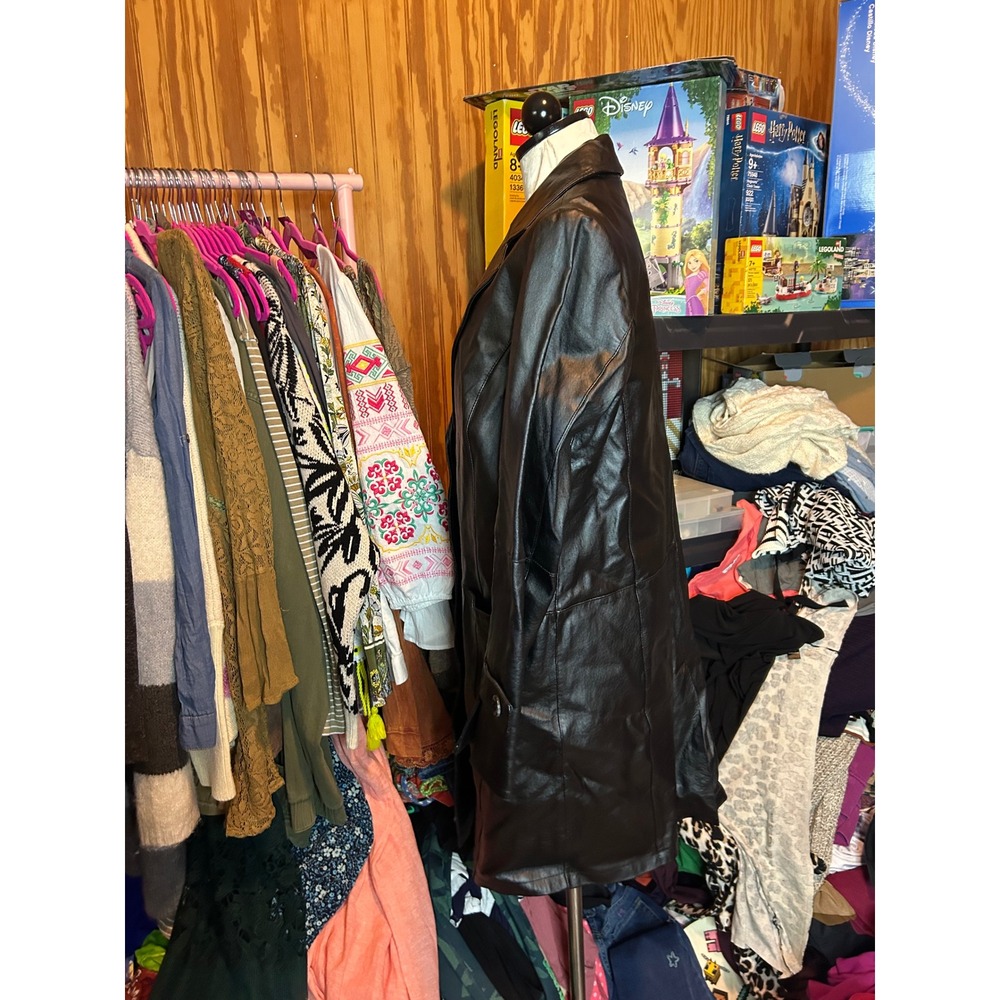 Chadwicks Womens Black Leather Trench Coat Jacket Size 12 Mid Length Buttons - Picture 5 of 8